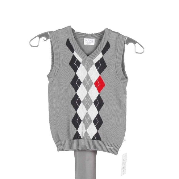 Kanz Sz 12 Mo Gray Red Argyle V Neck Cotton Boys Sweater Vest - Picture 1 of 6
